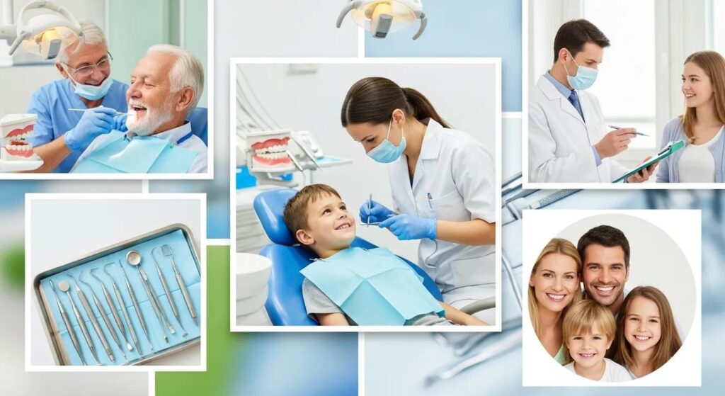 Collage of family dental services including checkups and cleanings