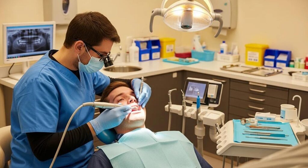 Dental hygienist performing a cleaning procedure on a patient in a dental office