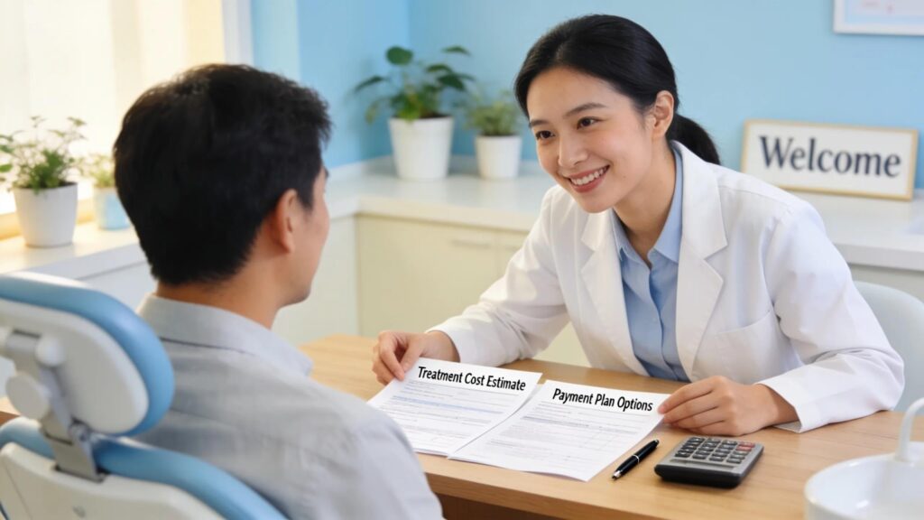 Dental staff member discussing payment plans and financing options with a patient, showcasing accessibility in cosmetic dental services.